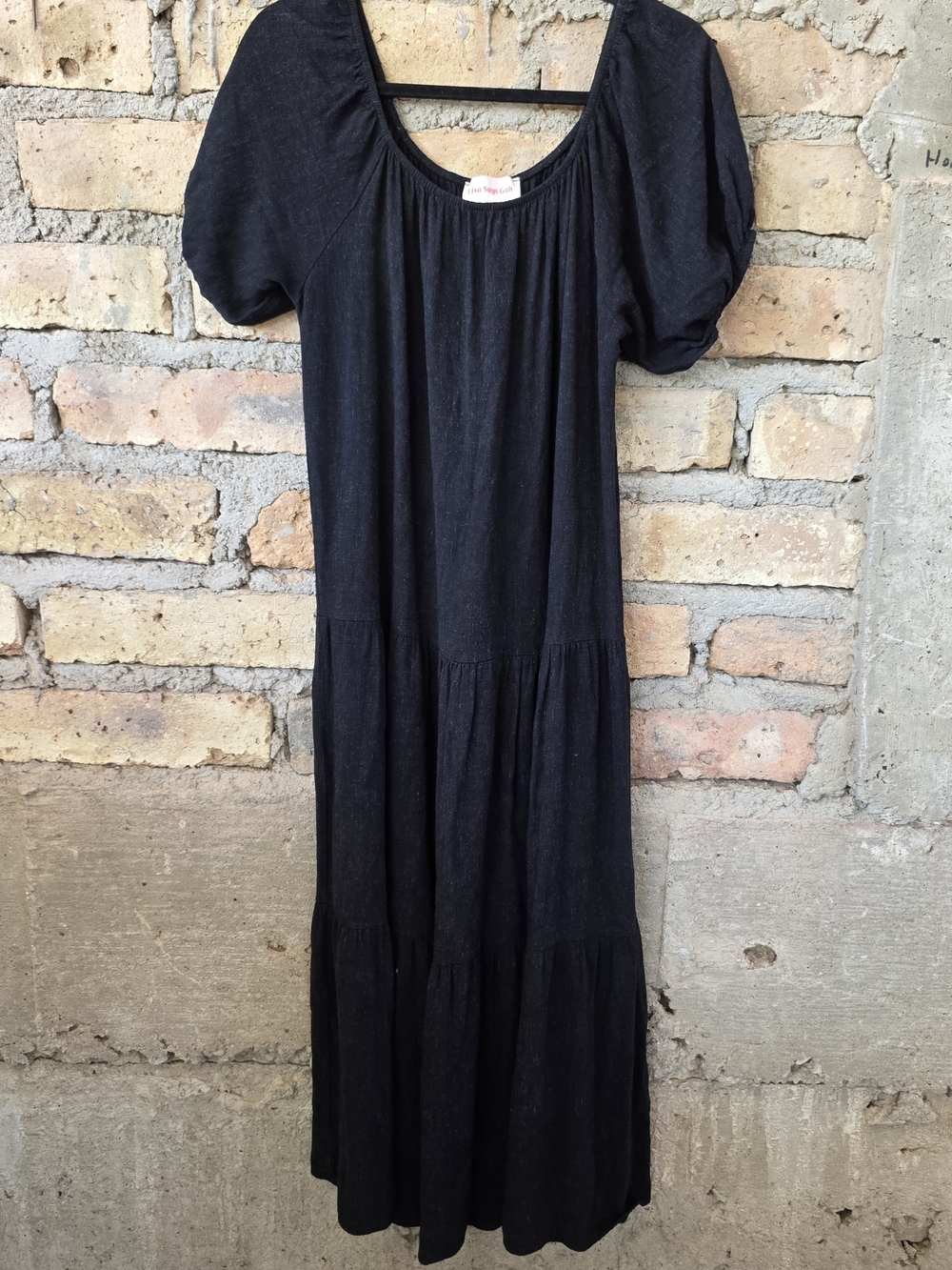 Lisa Says Gah Black Linen Blend Tiered Midi Maxi Dress Puff Sleeve S Small